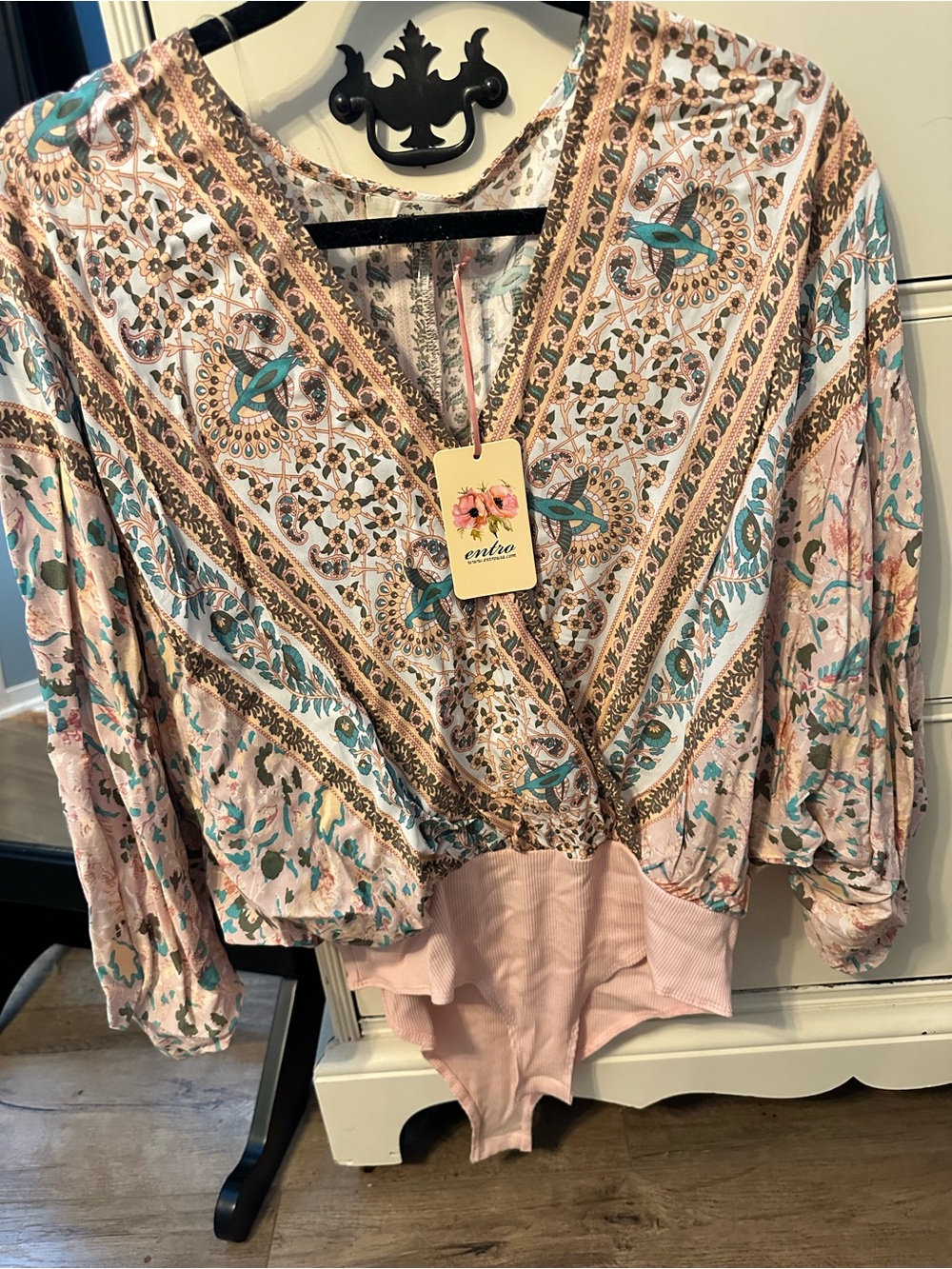 Pink Floral Boho Wrap-Style Women's bodysuit